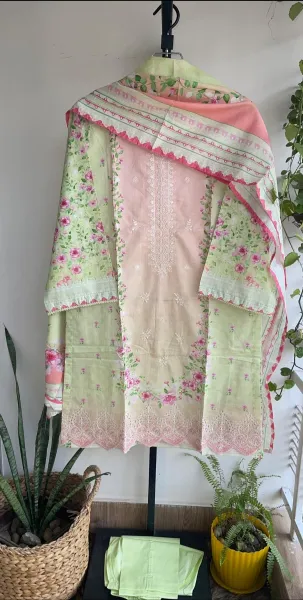 Pakistani Original Bin Saeed Cotton Chickankari Stitched 3Pcs_ Peachy Pink 